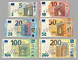 евро   Евро (на болгарском), Ευρώ (по-гречески), Eoró (ирландской), Eiro (латышском), Euras (литовской), Ewro (мальтийской), Evro (словенской), Euro (то   официальными языками ЕС   )   банкноты евро   Государство (ы) Банкноты   € 5   ,   € 10   ,   € 20   ,   € 50   ,   € 100   ,   € 200   ,   € 500   монеты   1   ,   2   ,   5   ,   10   ,   20   ,   50 евроцентов   ;   1 €   ,   2 €   символ   €   Буквенный код EUR Цифровой код 978 Центральный банк   Европейский центральный банк   Сайт   www